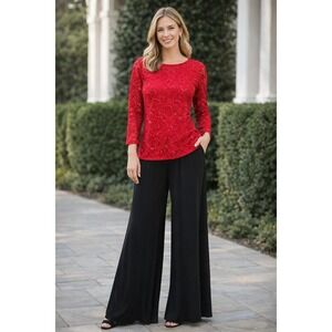 Blu Sage Red Lace Sequin Top Medium Evening‎ Holiday Blouse